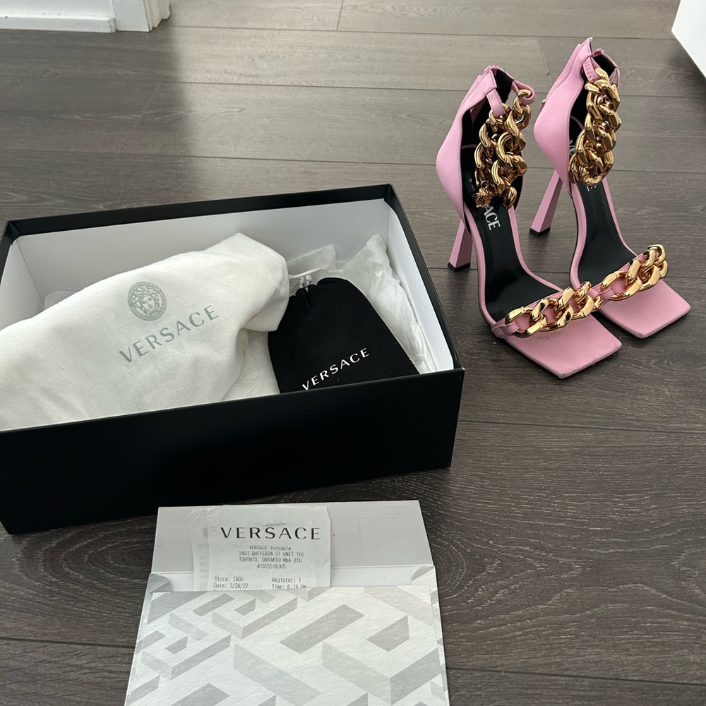 Versace Chain Reaction Heels – Baby Pink with Gold Hardware